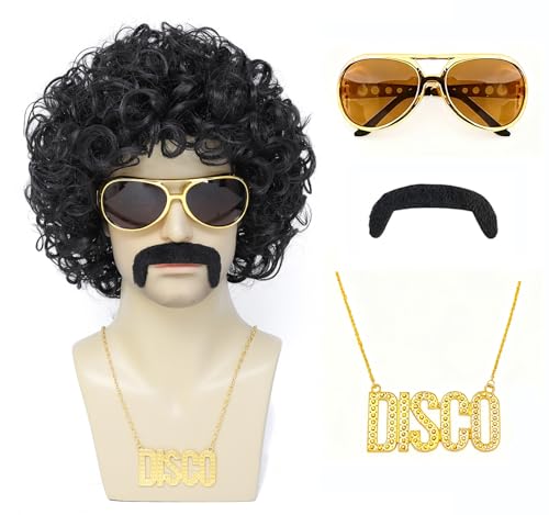 Image of 70s Disco Afro Curly Wig for Men - Short Fluffy Black Synthetic Wig for Halloween, 70s Party, Cosplay, Retro Costume (Black)