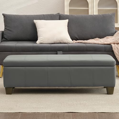 Image of 51 Inch Storage Ottoman, Storage Bench with Safety Hinge, Upholstered Synthetic Leather Ottoman Bench for Bedroom, Living Room, Entryway, Hallway, Foot Rest, Support 500lbs