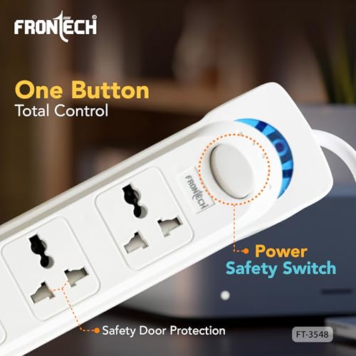 Image of FRONTECH FT-3548 Power Extension Board with 5 Universal Sockets & 1.5M Cable | Multi Plug Extension Cord with Power Safety Switch |Wall Mount Option for Home, Office & Travel (FT-3548)