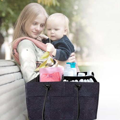 Image of UCRAVO Baby Diaper Caddy Organizer Nursery Storage Bin with Changeable Compartments for Diapers, Baby Wipes, Kid Toys - Portable Multipurpose Basket for Car Travel - Nappy Bags for Mom - Black