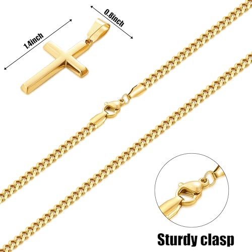 Image of Fiusem Silver Tone /Black /14K Gold Plated Cross Necklace for Men, Beveled Edge Pandent Mens Necklace, 3.5MM Stainless Steel Cuban Chain, 16-24 Inches Jewelry Gifts