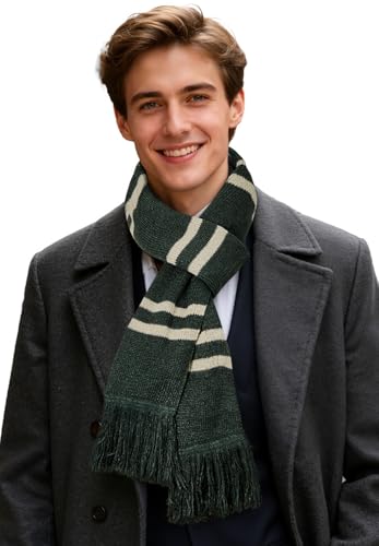 Zando Wizard Knit Green Striped Scarf - Soft Magic College Style Winter Fall Scarf for Women Men Movie Character Cosplay Halloween Costume Accessories Halloween Party Birthday Christmas Gifts