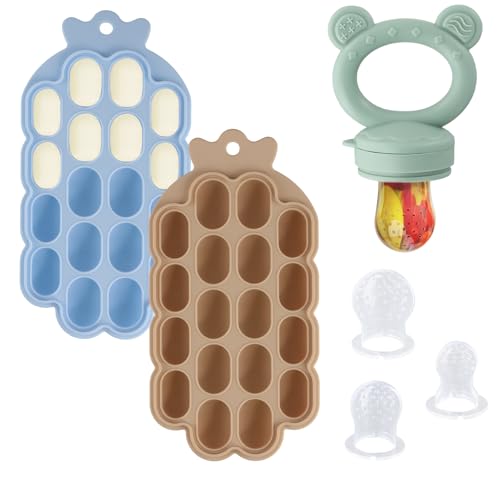 2er-Pack Babybrei Einfrieren Behälter mit Deckeln, 3 Silikon Fruchtsauger Baby, 3 Größen Sauger, Food Feeder, für Babynahrung Aufbewahrung, Eiswürfel für Babyzahnen und Selbstfütterung
