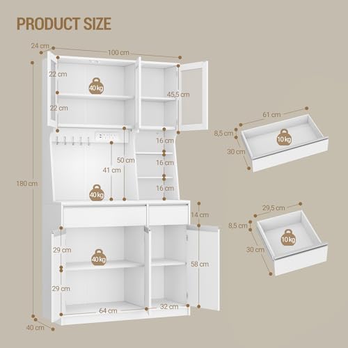 Hzuaneri Kitchen Cupboard with LED & Power Outlet, Tall Kitchen Cabinet with Countertop & 2 Drawers, Sideboard Storage Cabinet, Adjustable Shelves, for Dining Room, 40 x 100 x 180 cm, White PT00103XUK