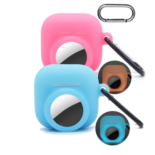 [2 Pack] for Airpods 4th Airtag Case,2 in 1 for Airpod 4 Case with Airtag Holder (2024),Silicone GPS Tracker Cover Holder,Glow in The Dark,Glow Pink+Glow Blue