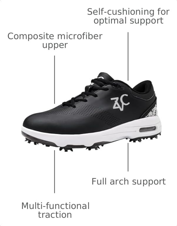 Image of ZVC Golf Shoes Men with Spikes Non-Slip Water-Resistant Lightweight Breathable Professional Spiked Footwear Outdoor