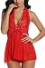 Avidlove Women Lingerie See-through Outfits Halter Babydoll Double Bowknot Chemise Red M