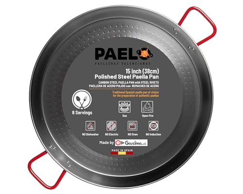 ICO by PAELO 15 inch Polished Steel Paella Pan (38cm) - Traditional Carbon Steel Pan for Gas & Wood...