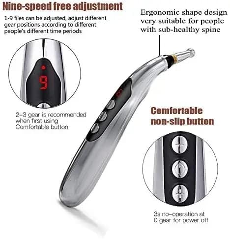 Acupuncture pen showing nine-speed adjustment display and non-slip buttons