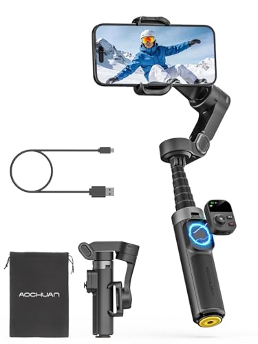 AOCHUAN 360° drehbarer Gimbal-Stabilisator für iPhone mit magnetischer Fernbedienung, Drei-Achsen-Stabilisator und 50 cm integrierter Verlängerungsstange, geeignet für Reisen, Live-Stream und Vlogging