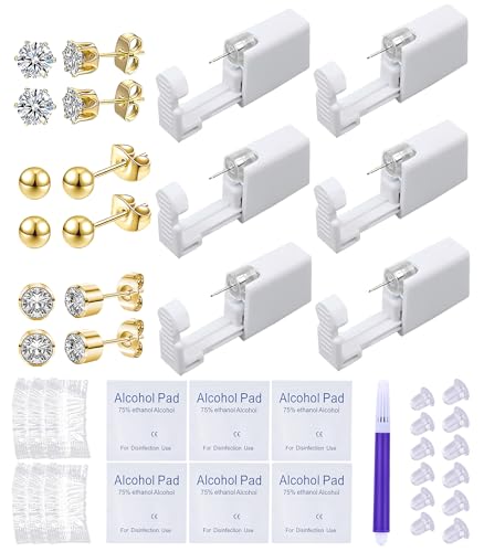 VitaCool Ear Piercing Kit Disposable Ear Piercing Gun Kit with Sterile CZ Ball Studs Easy and Safe Earring Self for Own at Home(Gold Mixed Patterns 4mm)