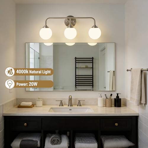 Image of Bathroom Light Fixtures - 3 Light Brushed Brass Vanity Light Over Mirror for Bathroom Mirror Living Room, Brushed Nickel Bathroom Wall Sconce with Frosted Glass Shade, 3 G9 Bulbs Included