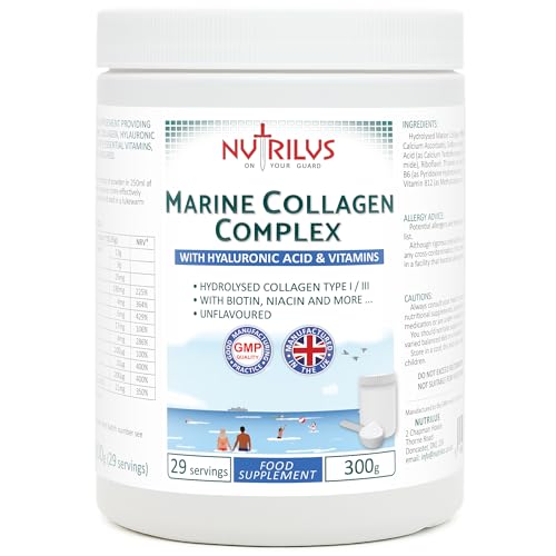 Nutrilus Hydrolysed Marine Collagen Powder 300g with Hyaluronic Acid and Vitamins - 29 Servings - with Biotin, Folic Acid, B12 & More - High Protein - for Skin, Hair, Nails, Joints (Neutral)