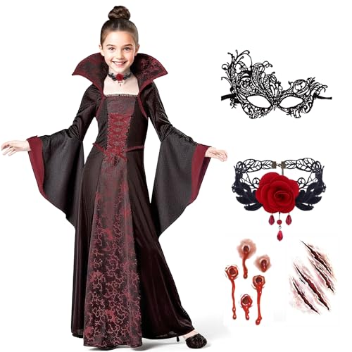 LXUBDXY Disfraz Vampiresa Niña, Disfraz Halloween Niña, Vestido de Vampiro con Collar de Rosa, Máscara y Cicatrices Tatuajes Pegatinas, para Halloween Carnaval Cosplay (140)