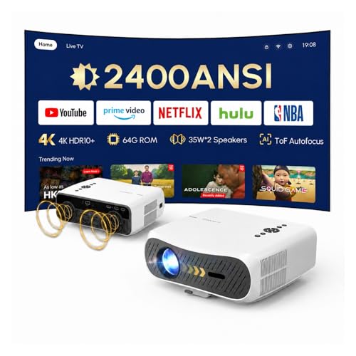 4K UHD Beamer 2400 ANSI Lumen, MEMC, Tageslicht Beamer mit WM & Live TV Unterstützung, Offizielles Netflix, HDR10+, DD+, Autofokus, 64GB, HDMI eARC, Smart Projektor für Heimkino, Fußball & Gaming