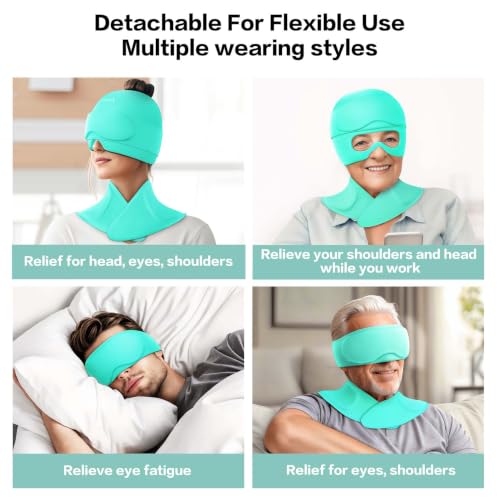 Image of 3 in 1 Migraine Relief Cap Neck Ice Pack Wrap Gel and Ice Eye Masks, Detachable Ice Caps with Eyes Masks, Hot and Cold Therapy for Relief of Headaches, Stiff Neck and Eye Fatigue (Mint Green)
