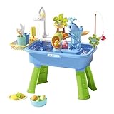 Qianly Kinderküche Spielset mit Abnehmbaren Tischbeinen Elektrischer Wasserzirkulation Fantasievollem Angelspiel Und Lebensmittelförmchen Unterstützt Haushal, Blau