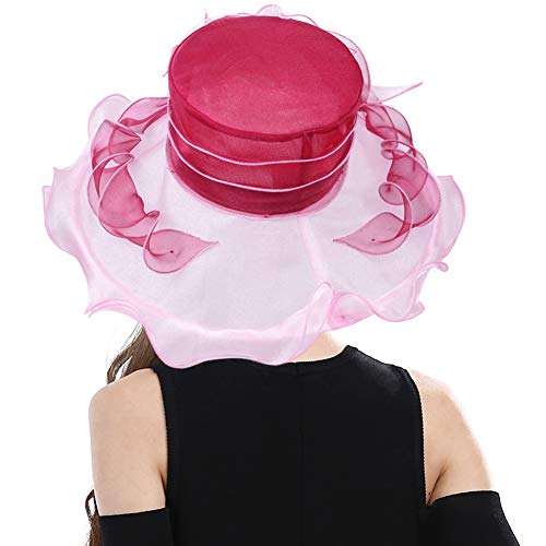 Women's Fascinators Wide Brim Sun Hat for Kentucky Derby, Church, Wedding, Tea Party, Royal Ascot, Easter (Burgundy/Pink) - Thumbnail 3