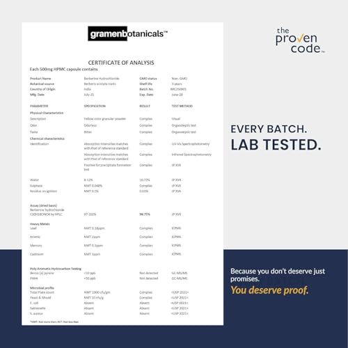 Image of Clean Label Berberine HCl 97% | C-14 Tested Natural Origin | Studied Strength Berberine Supplements 1000mg - Support Blood Sugar, Lower Cholesterol, PCOS supplements - 60 Capsules