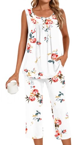 Image of Bestbee Women's Sleeveless Pajama Sets 2 Piece Sleepwear Summer Lounge Outfits Henley Tanks Capri Pants Ladies Pjs
