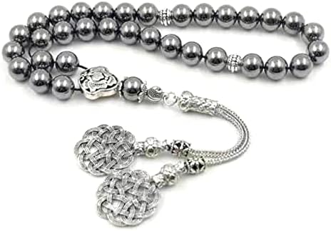 Natural Terahertz Stone tasbih Energy Stone with Metal KAZAZ Turkish Tassel 33Paryer Beads Muslim misbaha Bracelet (8mm x 66 Beads)