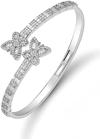 LuxeFlex Iced Out Diamond-Studded Butterfly Cuff Bracelet for Women, Men, and Teen Girls - 14K Gold Plated Bangle with Baguette CZ Stones, Perfect Birthday or Graduation Jewelry Gift for Best Friends (Butterfly/Silver)