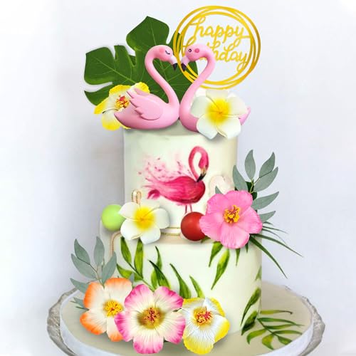 Drwate GCMGM10067 Flamingo Cake Toppers Summer Cake Decorations With Flower Palm Leaf Cake Toppers For Tropical Hawaiian And Beach Themed Party Supplies thumb #4