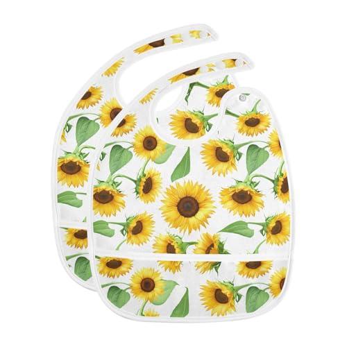 MCHIVER Sunflower Leaf White Baby Bibs for Boy Girl Toddler Waterproof Feeding Bib Apron with Food Cather Adjustable Cotton Food Eating Bib 2 Pack