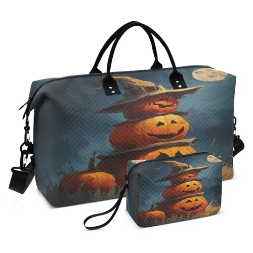 Halloween Witch Pumpkins Stack Travel Duffel Bag for Men Women with Makeup Bag Weekend Overnight Carry On Bags for Travel Getaway Weekend