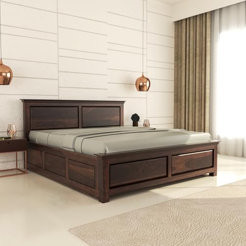 Image of Sheesham Wood King Size Bed with Storage Box | Wooden Box Bed King Size Double Cot Bed with Storage for Bedroom | Premium 2 Dalla Design Headboard Bed for Hotel, Home | Walnut Finish