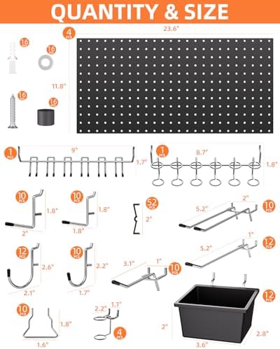 INCLY 158PCS Metal Pegboard Wall Organizer, 48x24 Inch Black Pegboard Panels Tool Organizer Kit with Accessories Hooks and Bins, Peg Board Utility Tool Storage for Garage Workbench Shed — view 3