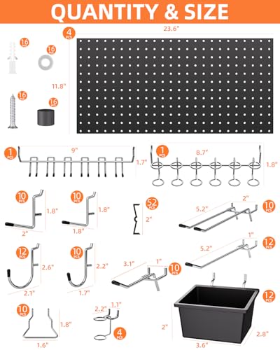 INCLY 158PCS Metal Pegboard Wall Organizer, 48x24 Inch Black Pegboard Panels Tool Organizer Kit with Accessories Hooks and Bins, Peg Board Utility Tool Storage for Garage Workbench Shed
