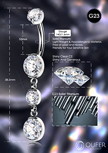 OUFER Titanium Belly Button Rings, Belly Button Rings Dangling, 14G Belly Piercing Jewelry, Internally Thread Clear CZ Belly Rings for Women Men4