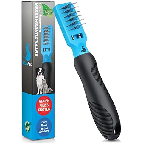 BluePet® Profi Entfilzungskamm für Hunde und Katzen | Entfilzungshaken | Entfilzungsmesser | Entfilzungsharke Katze | Knoten Entferner Katze | Entfilzungskamm Hund | Entfernt Verfilzungen und Knoten Cover