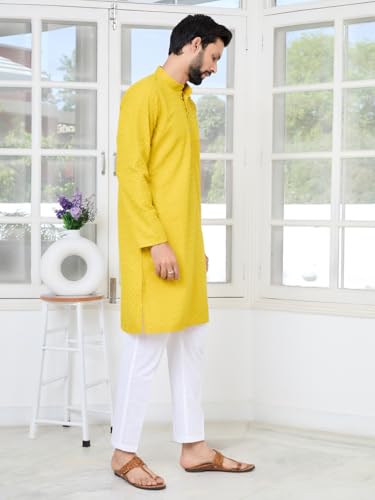Image of See Designs Men's Full Sleeve Mandarin Collar Embroidered Thread Work Sequinned Rayon Straight Long Kurta - Festive Collection