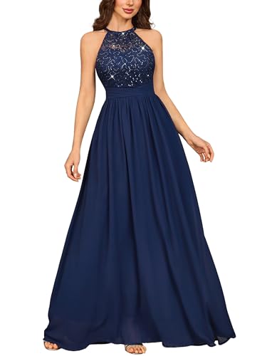 Miusol Women's Sequin Lace Sleeveless Halter Tie Formal Evening Maxi