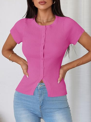 Image of Imily Bela Womens Short Sleeve Sweater Tops Summer Button Down Casual Ribbed Knit Slim Fit Cropped Cardigan Shirts