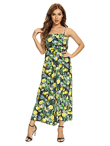 Women's Summer Hawaiian Floral Long Maxi Dress With Strap Casual Bohemian Beach Party Lemon Black Tag M #TOP3
