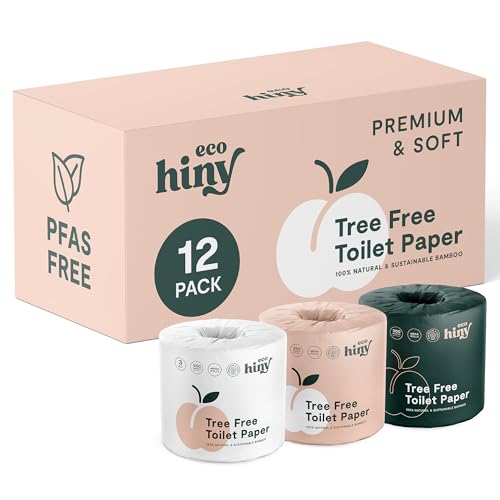 ecoHiny Premium & Soft Bamboo Toilet Paper | PFAS Free | 12 Mega Rolls, 3 ply & 350 Sheets | Non Toxic, FSC Certified, Septic Safe, BPA Free | Tree Free Toilet Tissue | Plastic Free Packaging