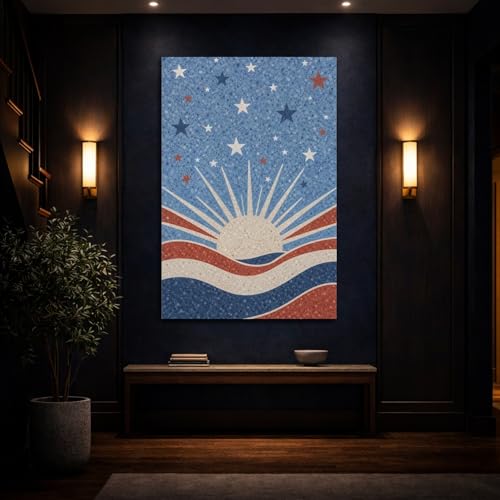 Toile abstraite soleil et étoiles rouge blanc 30x45 cm vertical pour console - 4