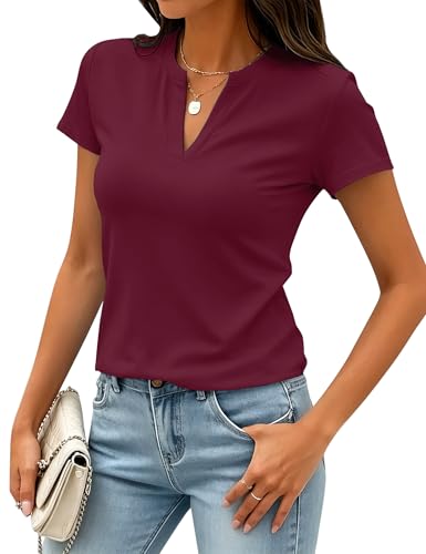 Image of Meetrendi Women's Notch V Neck T-Shirt Slim Fit Premium Cotton Blend Short Top