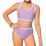 InfiniZer Mädchen Badeanzug Bikini Set Einfarbig Zweiteiliger Badeanzug mit Brustpolstern Bademode Hoch taillierter sportlicher Bikini Badeanzug (DE/NL/SE/PL, Alter, 8 Jahre, Regular, Violett)