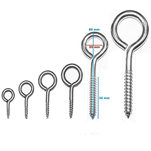 Boulon à œil Oeillets à vis Boulons à crochet en acier galvanisé - Crochets à vis robustes en 6 tailles différentes (80mm 15 pièces)