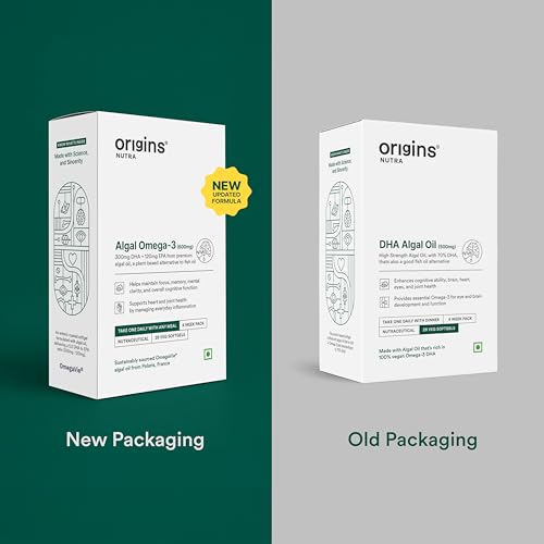 Image of Origins Nutra Vegetarian Omega-3 with OmegaVie (Polaris, France) | 300 mg DHA + 120 mg EPA| Supports Brain, Heart & Eye Health | No Fishy Burps | 28 Veg Enteric-Coated Softgels | GMP Certified | 300 mg DHA + 120 mg EPA | For Brain, Heart, Eye & Joint Health | No Fishy Burps | 28 Veg. Enteric-Coated Softgels | Pack of 1