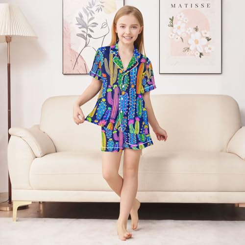 senya Pajama Sets Silky Button Down Nightwear Sleepwear Size 5-14 Years Blue Purple Cactus3
