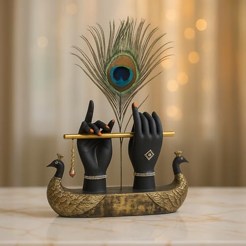 Image of Mariner's Creation Decorative Krishna Hand Showpiece with Metal Flute and Peacock Feather for Home Decor Living Room and Pooja Room and Gift, Black and Gold Base, 23x6x15 cm, Religious Home Decor