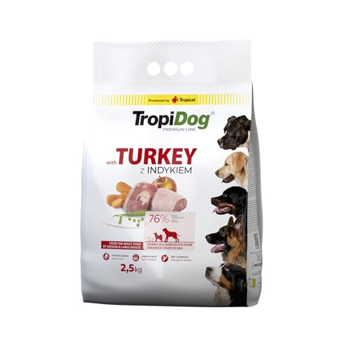 Hundefutter – TropiDog Premium Erwachsene Mittelgroße & Große Rassen mit der Türkei & Reis, Tasche 2,5 kg