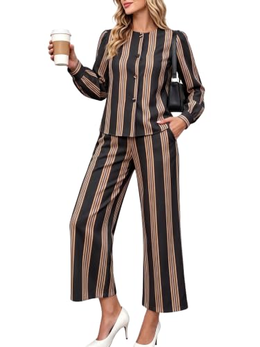 Womens Striped Linen Two Piece Outfit Shirt and Pants Set - image 1