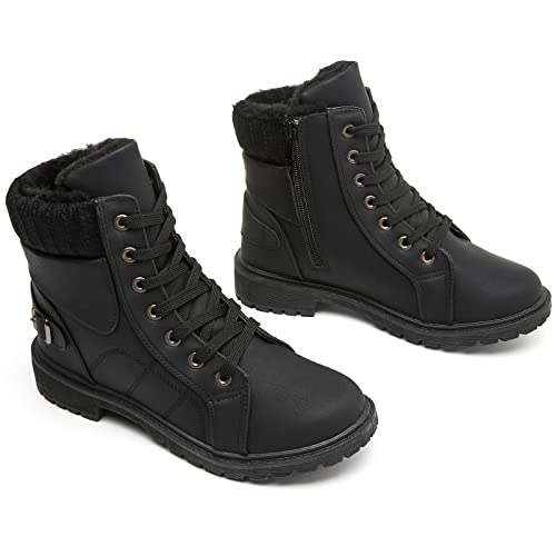 XRH Women Lace Up Combat Boot Winter Snow Boots Warm Fur Lined Ankle Booties Waterproof Hiking Boot for Women Non Slip Leather Boots Shoes