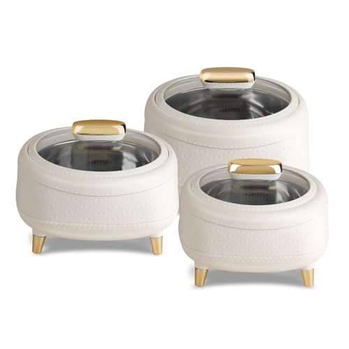 Image of JAYPEE Kingston Klass Stitched Leather Luxurious Outer & Inner Stainless Steel Casserole Set of 3 with Glass Lid (1500+2000+2500) ml PUF Insulated Serving casserole Set Roti Box Hot Box BPA Free,White
